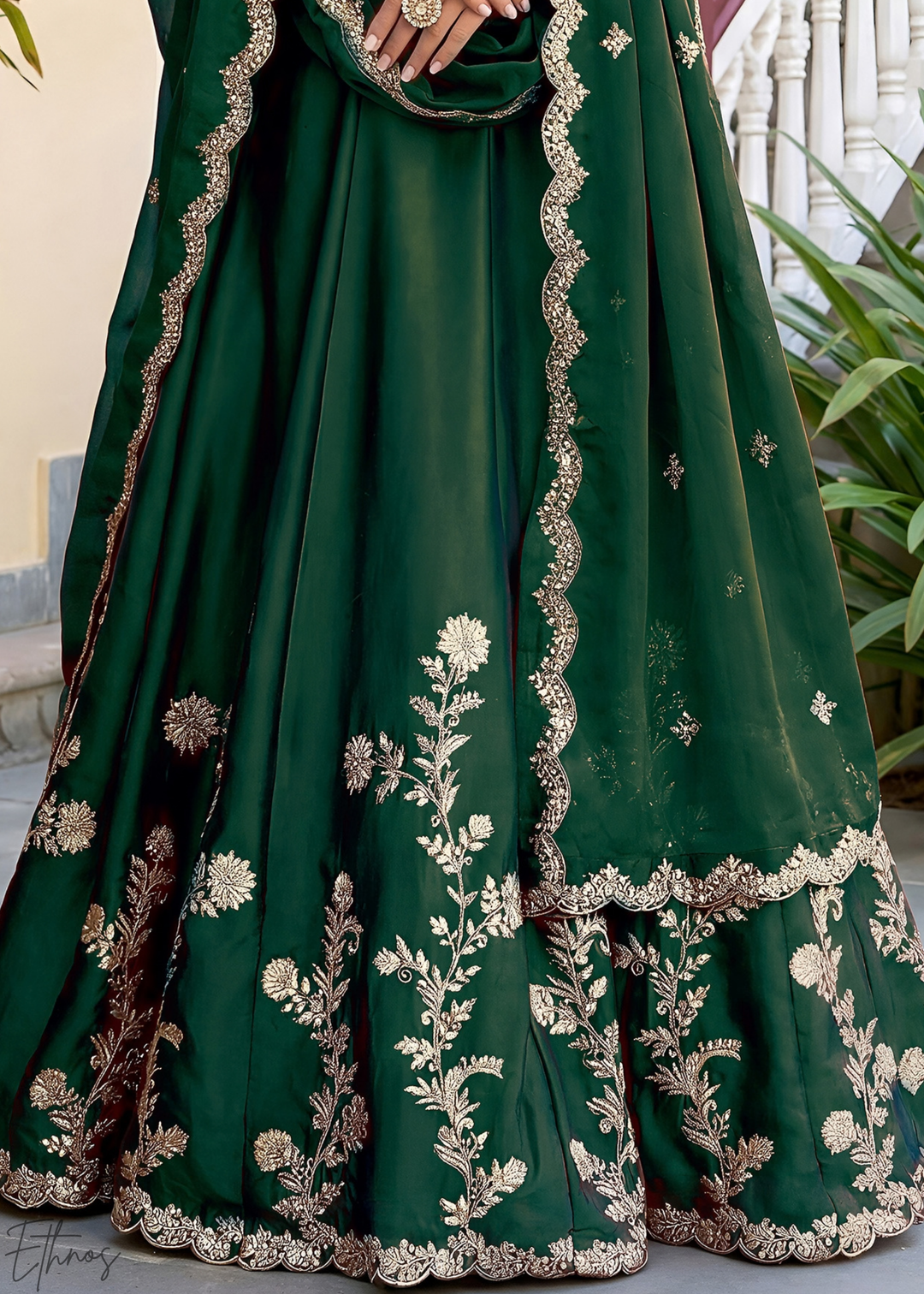 Deep Green Floret Zari Rangoli Silk Lehenga