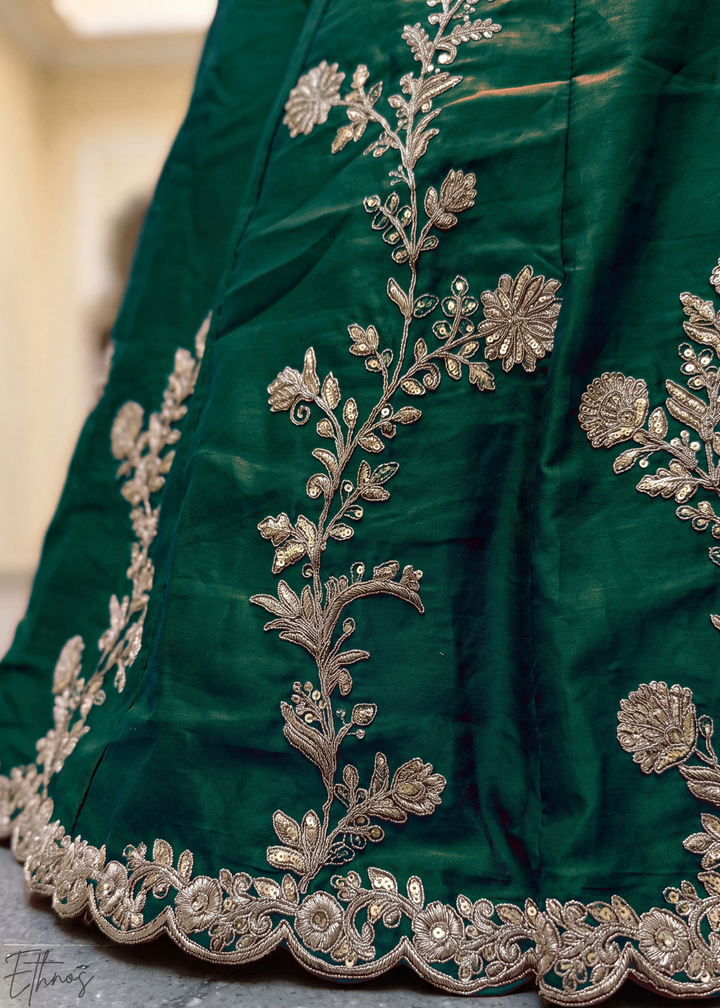 Deep Green Floret Zari Rangoli Silk Lehenga