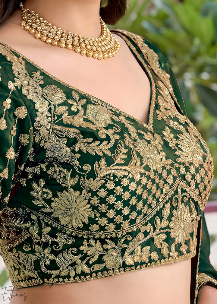 Deep Green Floret Zari Rangoli Silk Lehenga