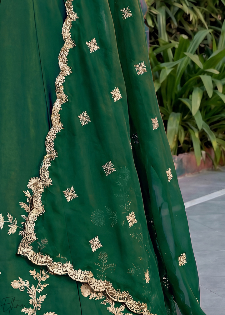 Deep Green Floret Zari Rangoli Silk Lehenga