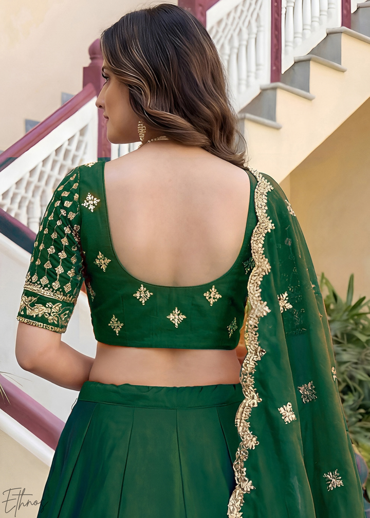 Deep Green Floret Zari Rangoli Silk Lehenga