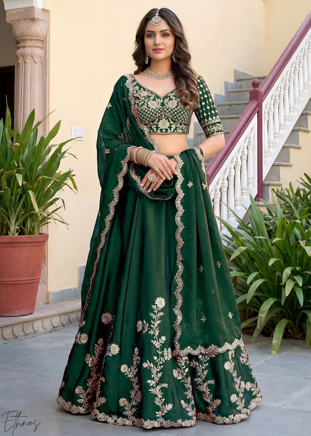 Deep Green Floret Zari Rangoli Silk Lehenga