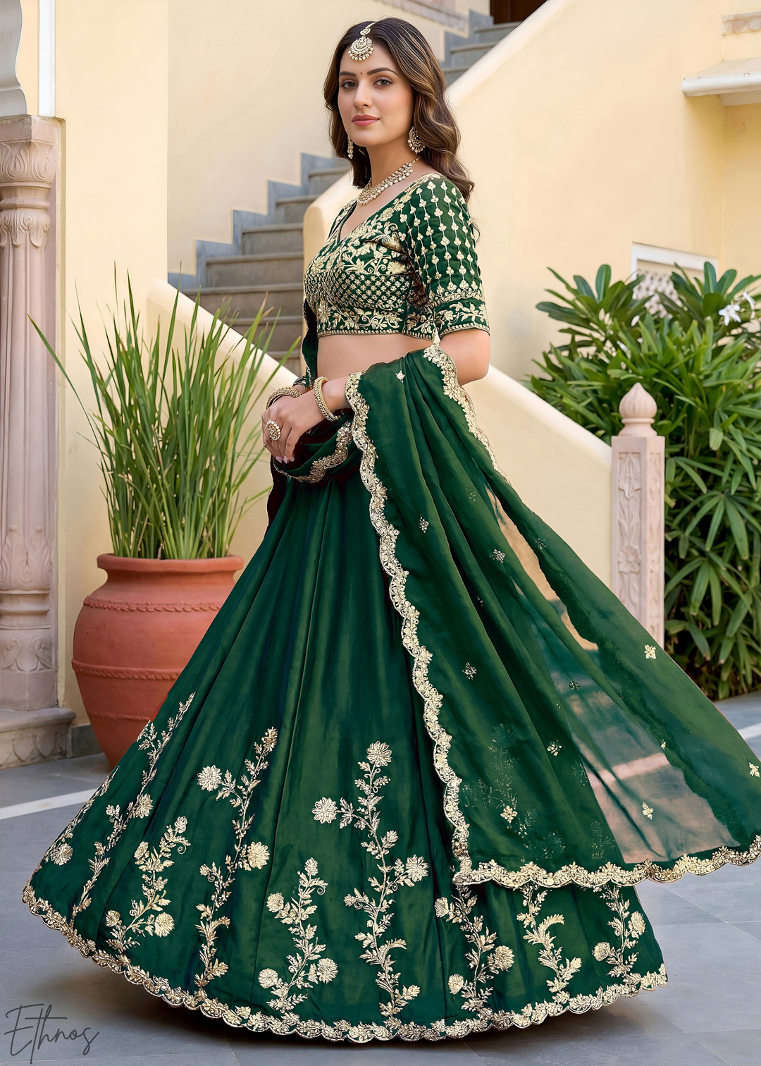Deep Green Floret Zari Rangoli Silk Lehenga