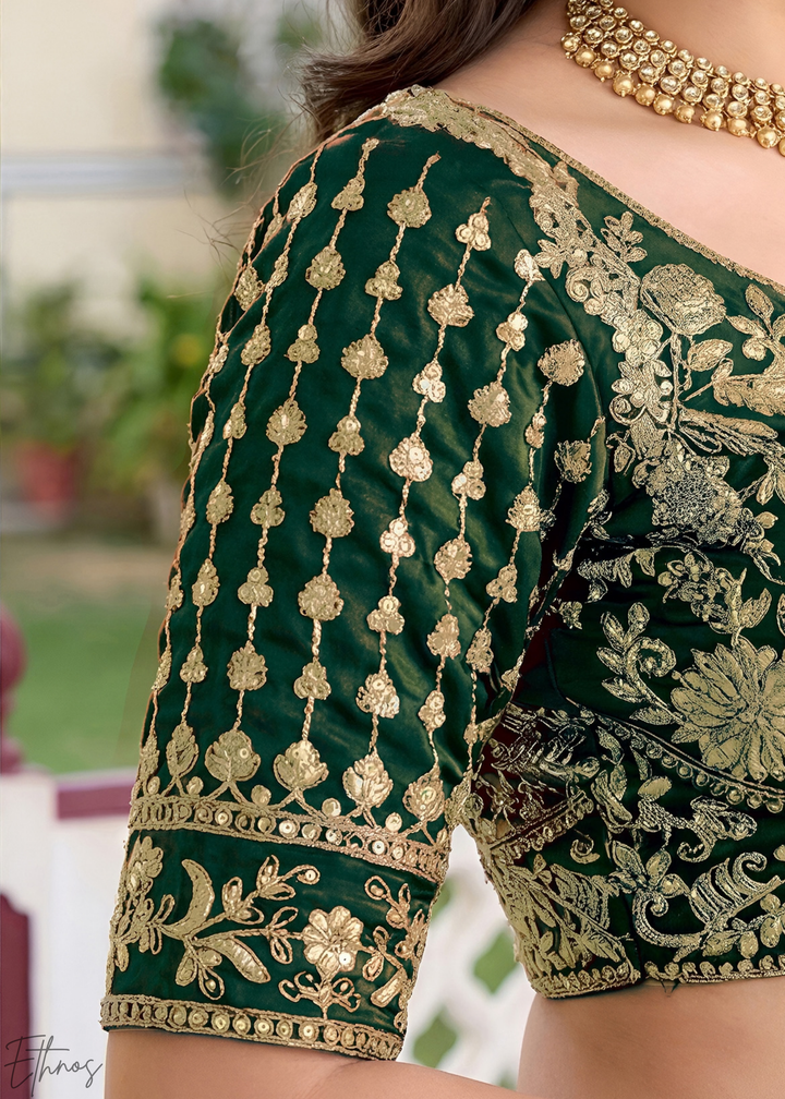 Deep Green Floret Zari Rangoli Silk Lehenga