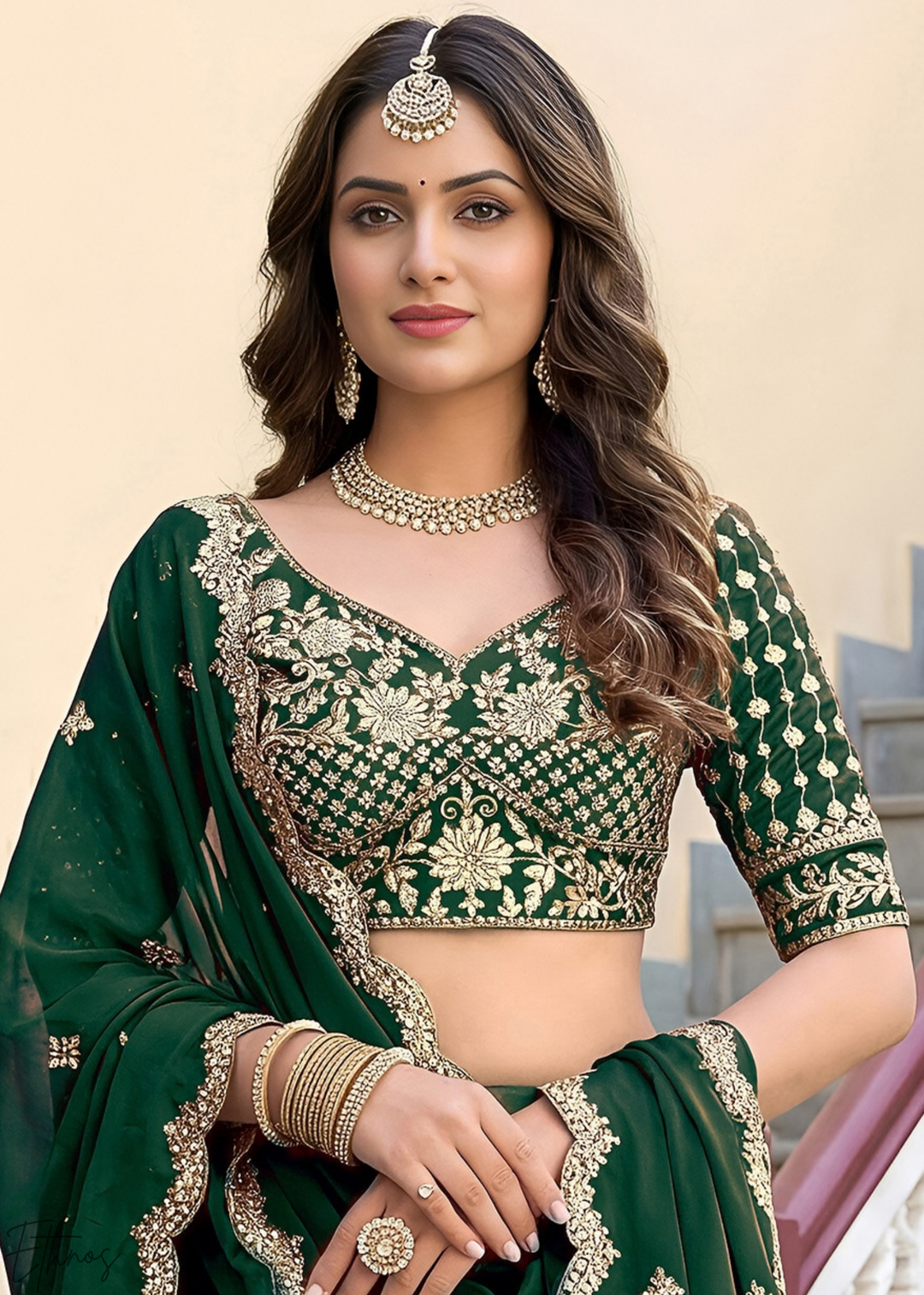 Deep Green Floret Zari Rangoli Silk Lehenga