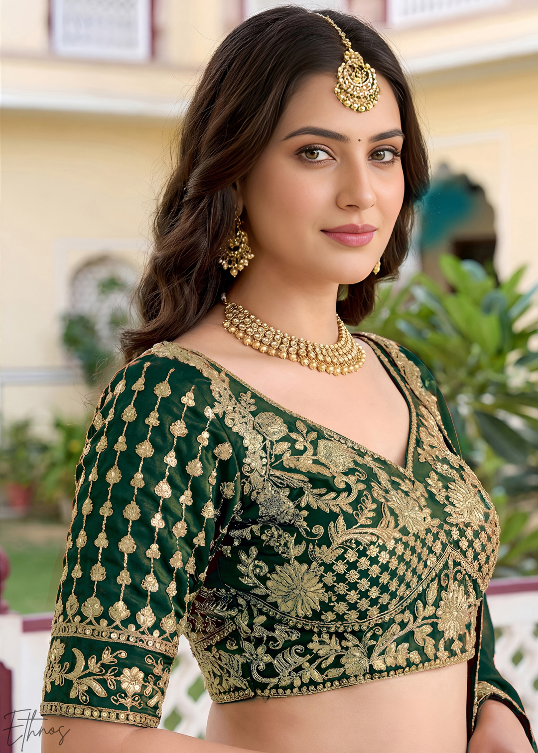 Deep Green Floret Zari Rangoli Silk Lehenga
