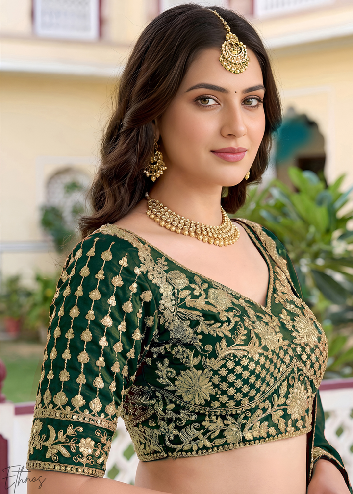 Deep Green Floret Zari Rangoli Silk Lehenga