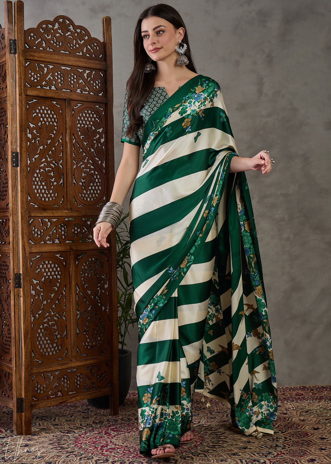 Deep Green Floral Striped Modal Silk Saree