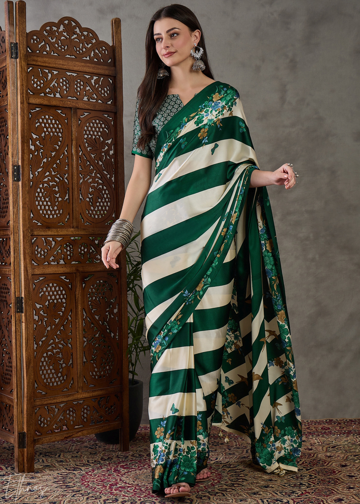 Deep Green Floral Striped Modal Silk Saree