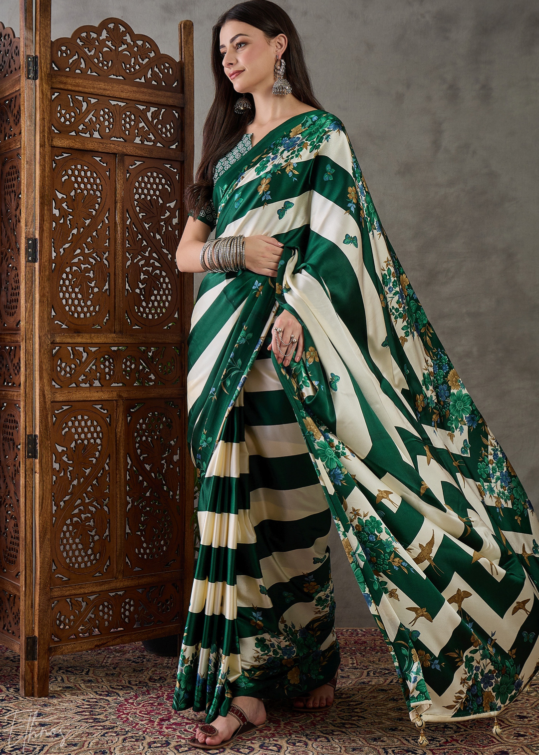 Deep Green Floral Striped Modal Silk Saree
