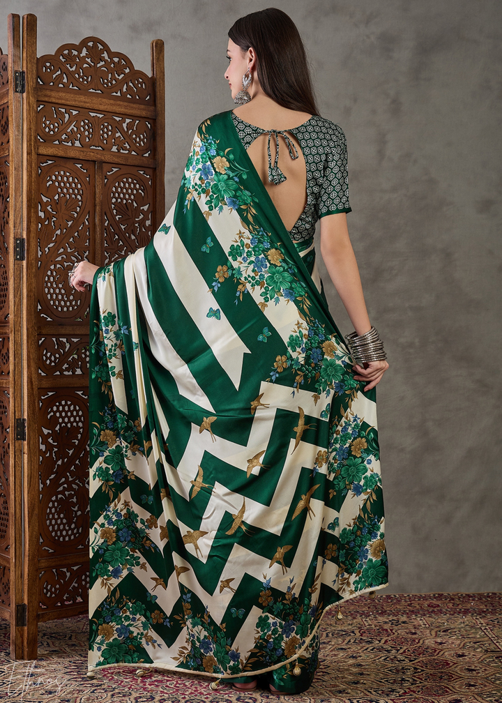 Deep Green Floral Striped Modal Silk Saree