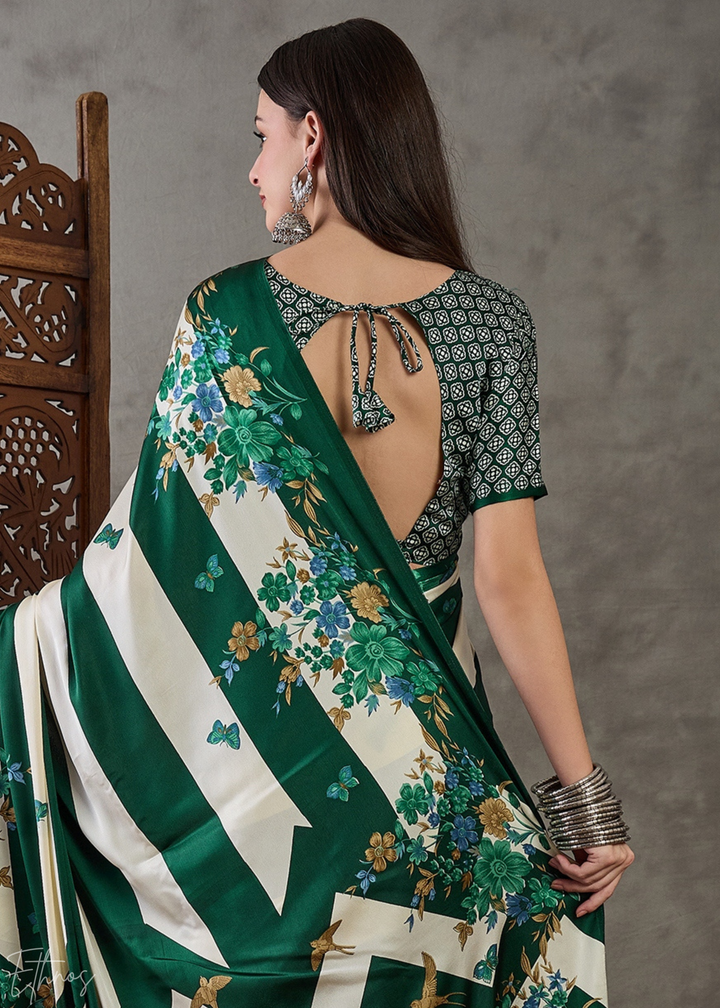 Deep Green Floral Striped Modal Silk Saree