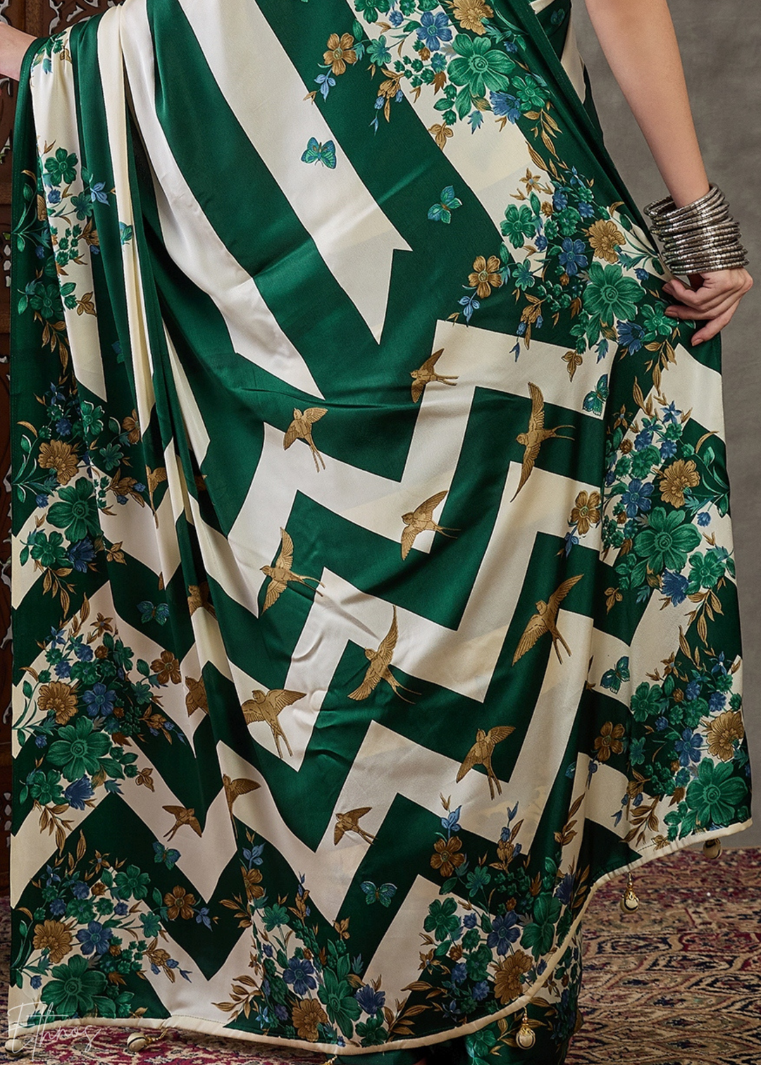 Deep Green Floral Striped Modal Silk Saree