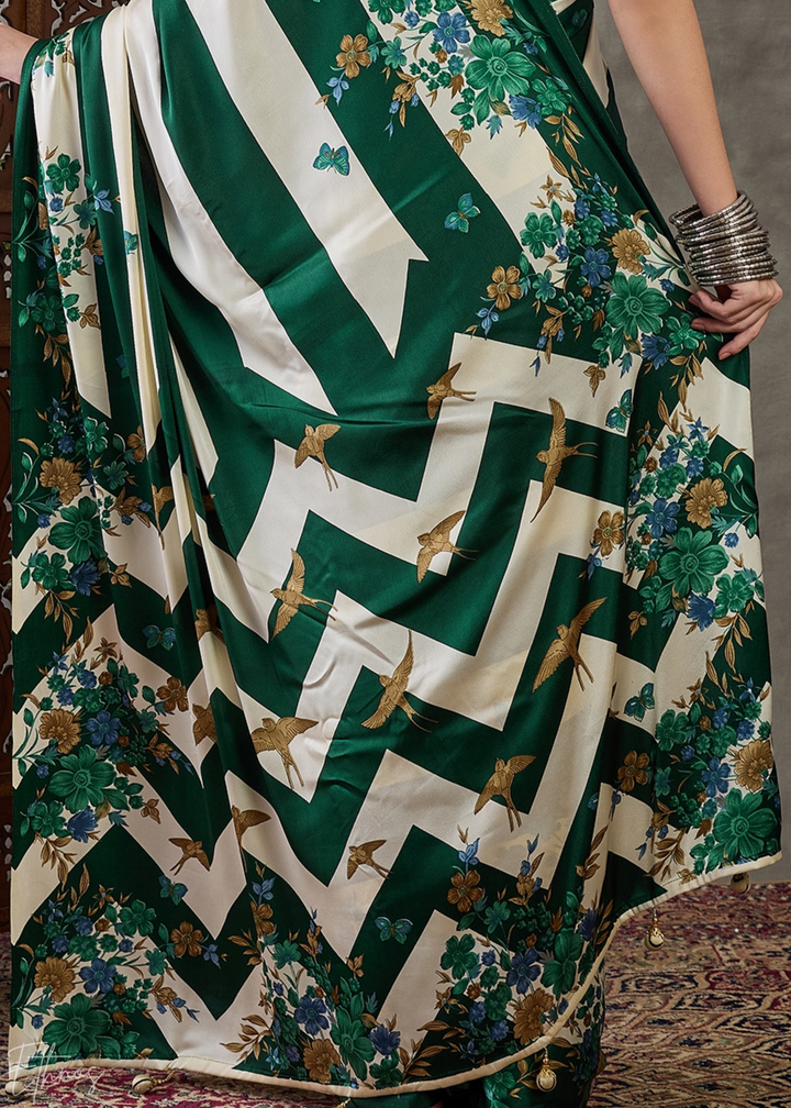 Deep Green Floral Striped Modal Silk Saree