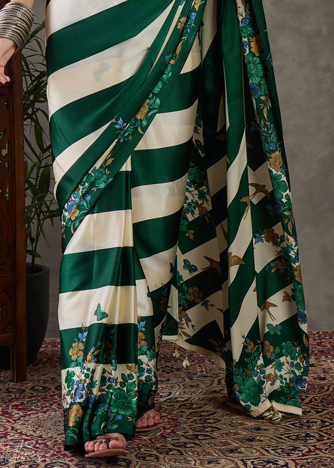 Deep Green Floral Striped Modal Silk Saree