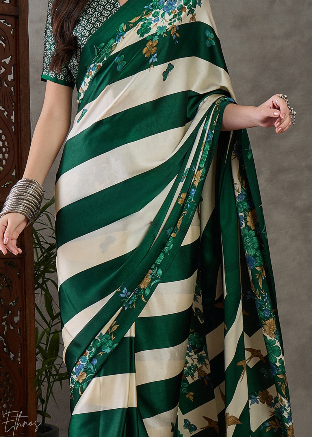 Deep Green Floral Striped Modal Silk Saree