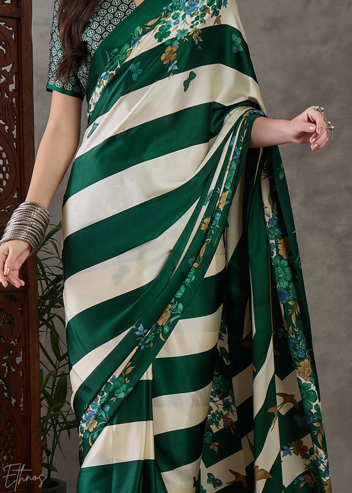 Deep Green Floral Striped Modal Silk Saree
