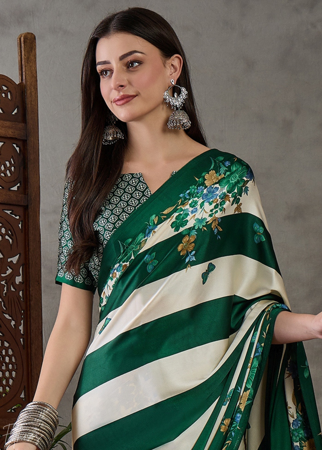 Deep Green Floral Striped Modal Silk Saree