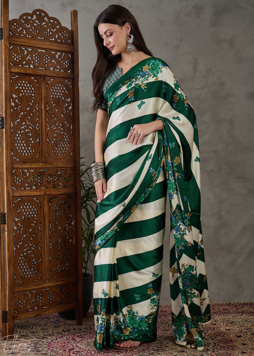 Deep Green Floral Striped Modal Silk Saree