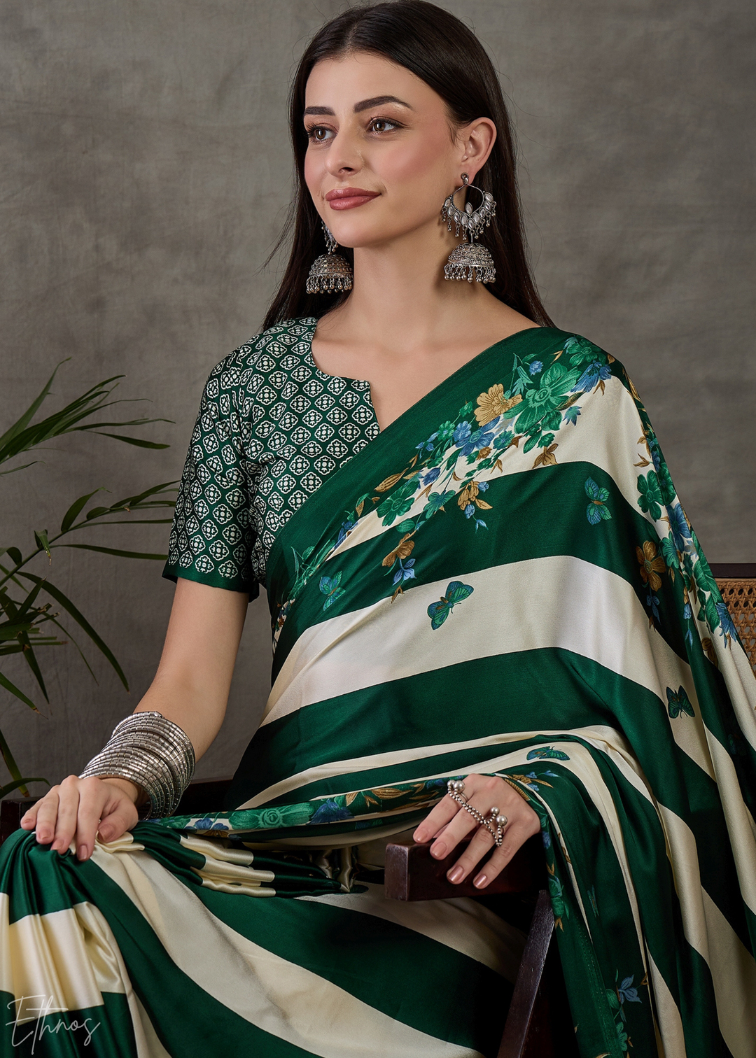 Deep Green Floral Striped Modal Silk Saree