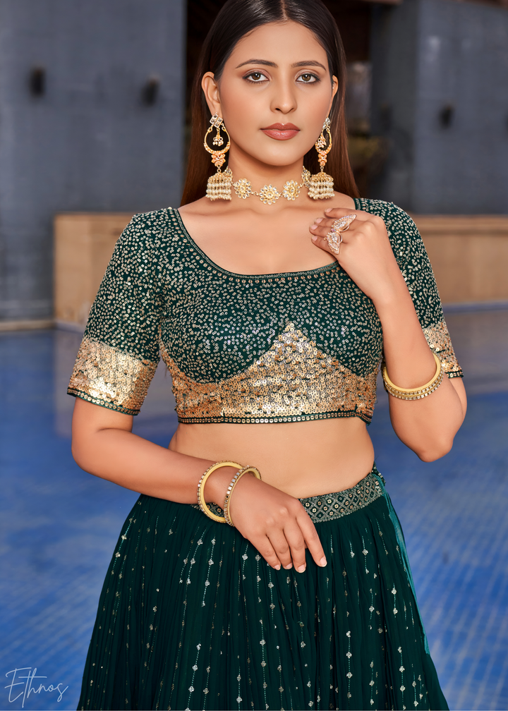 Deep Green Sequins Georgette Lehenga