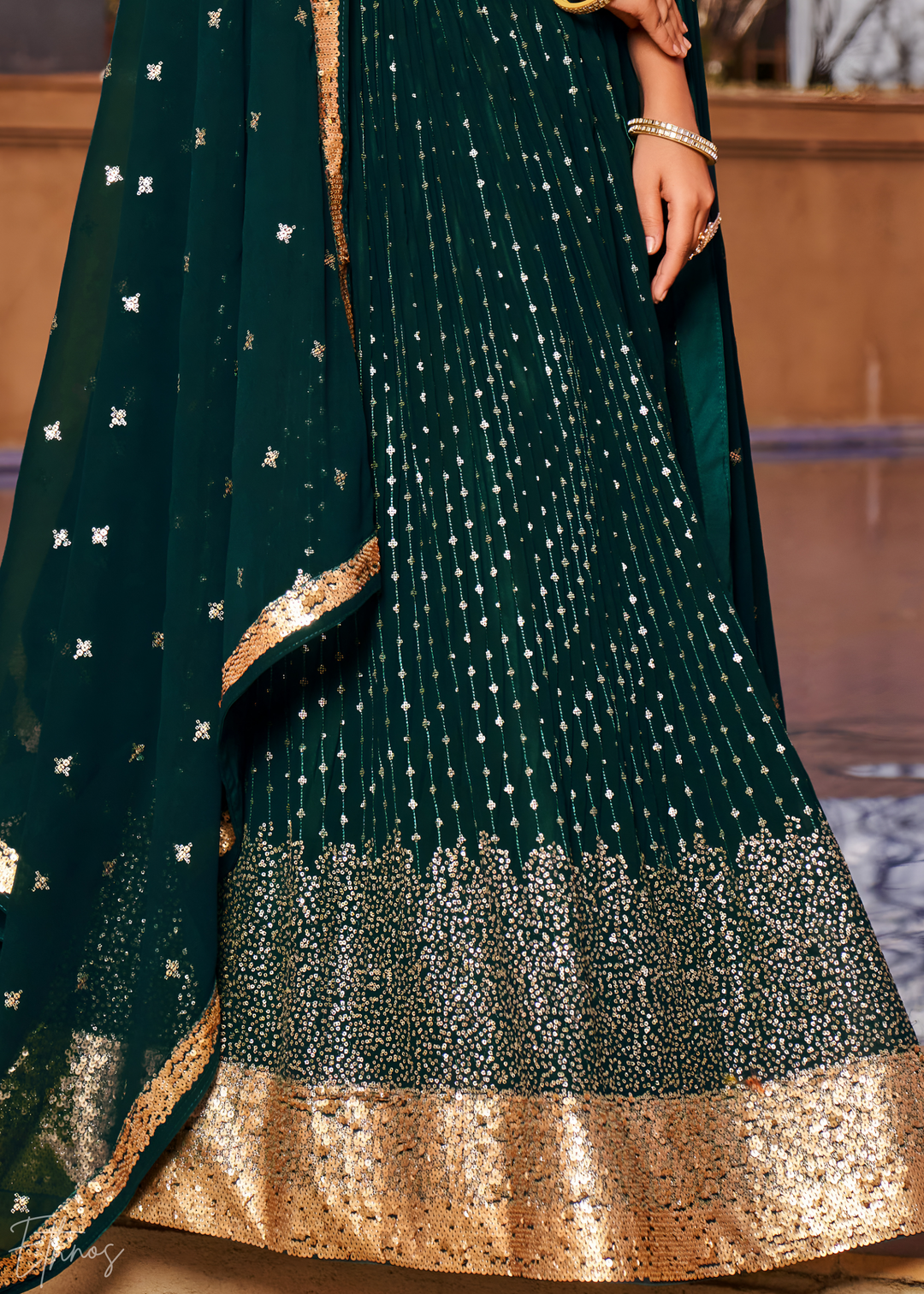 Deep Green Sequins Georgette Lehenga