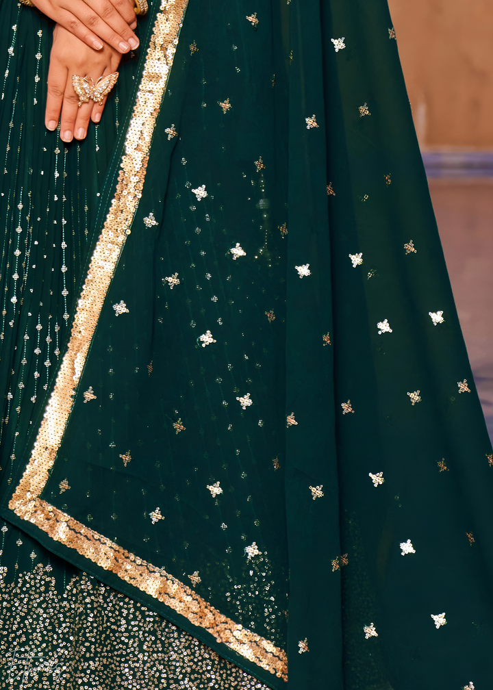 Deep Green Sequins Georgette Lehenga
