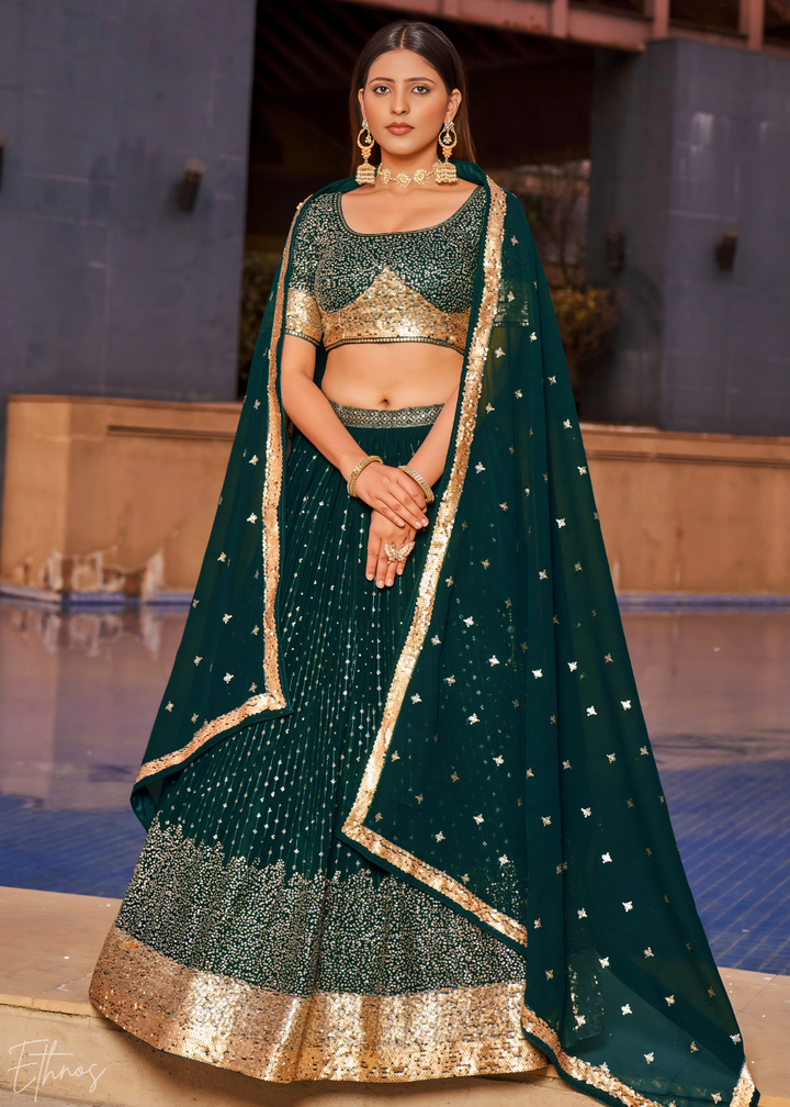 Deep Green Sequins Georgette Lehenga