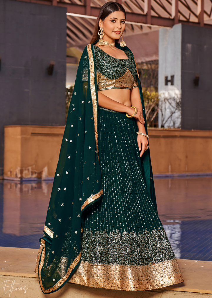 Deep Green Sequins Georgette Lehenga