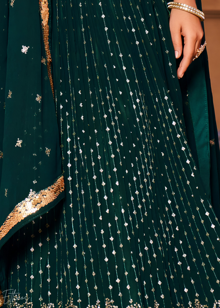 Deep Green Sequins Georgette Lehenga