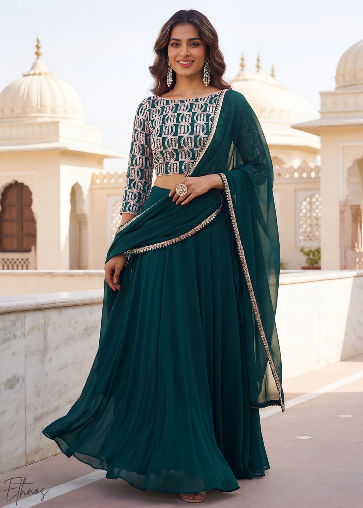 Deep Green Sequins Georgette Lehanga