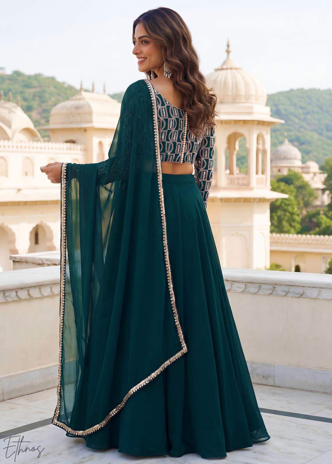 Deep Green Sequins Georgette Lehanga
