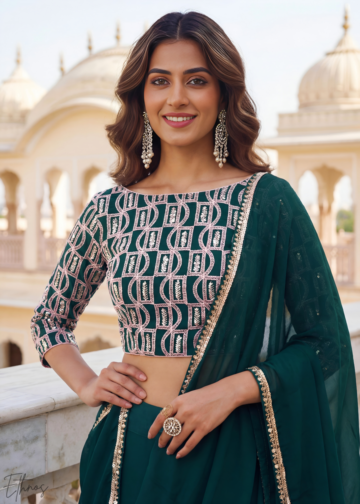 Deep Green Sequins Georgette Lehanga