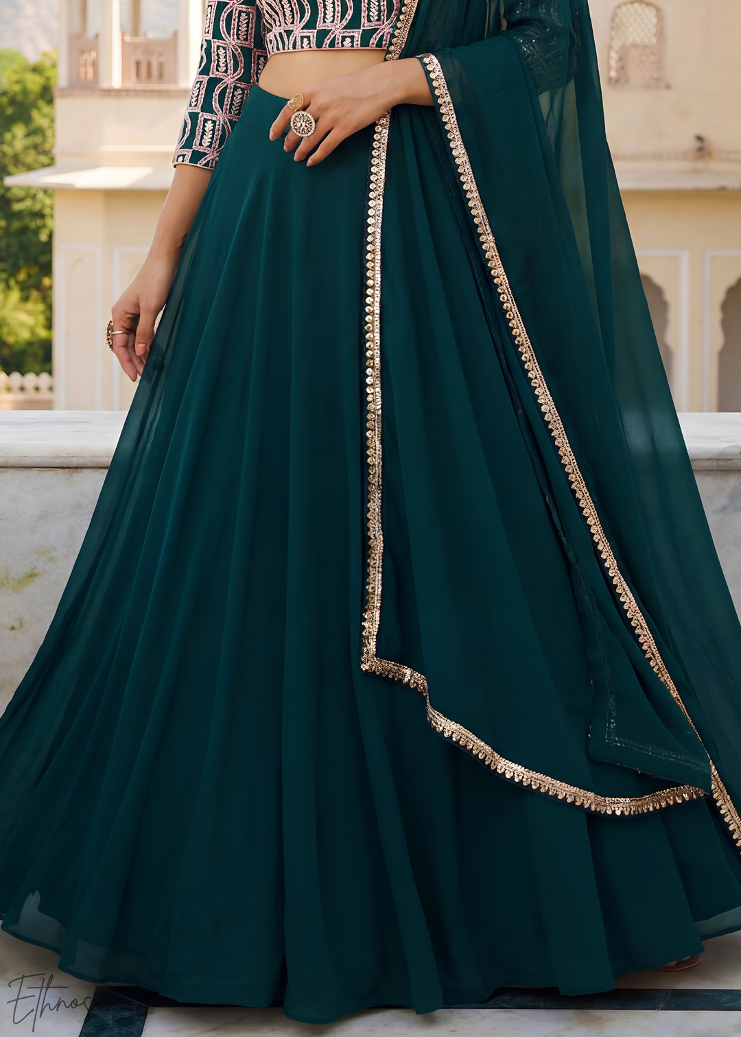 Deep Green Sequins Georgette Lehanga