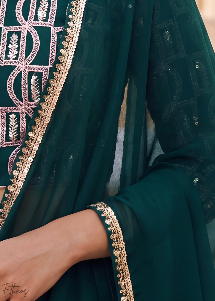 Deep Green Sequins Georgette Lehanga