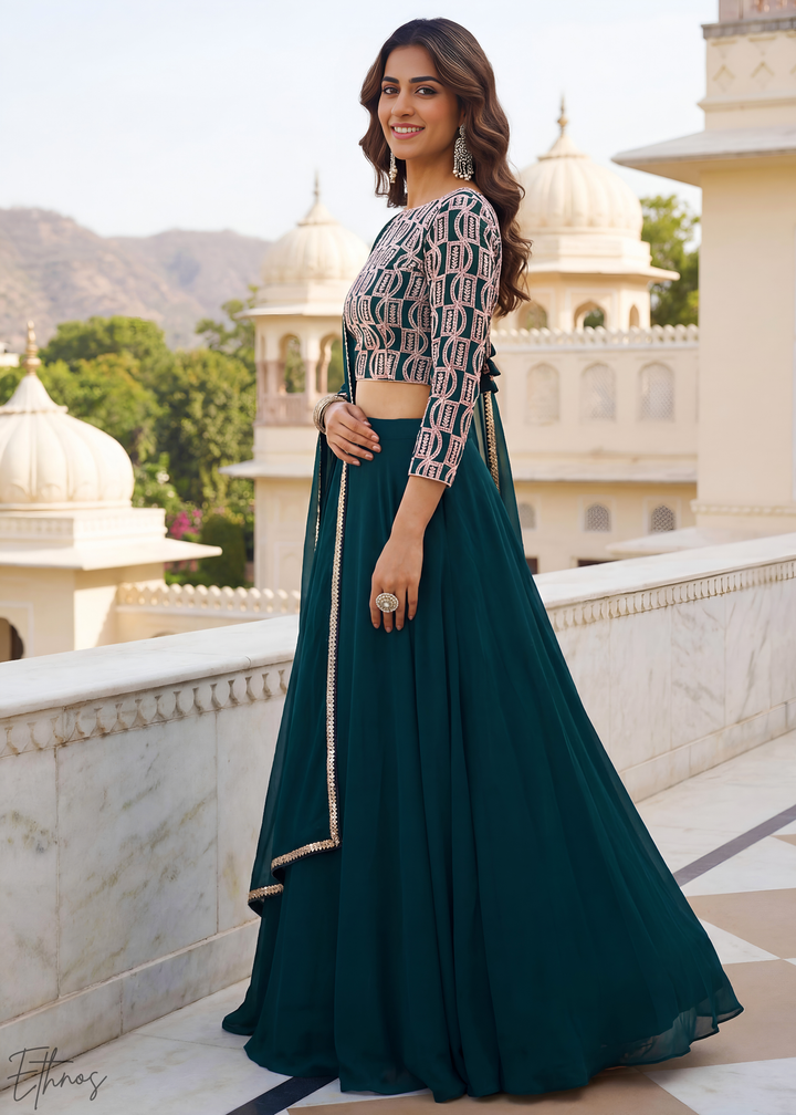 Deep Green Sequins Georgette Lehanga