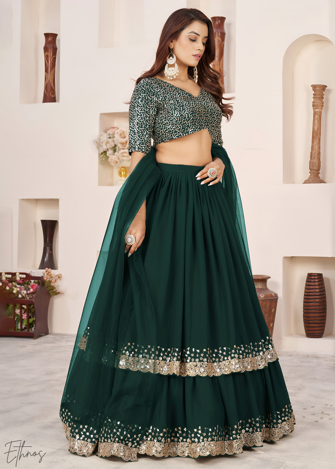 Deep Green Sequins Georgette Lehenga