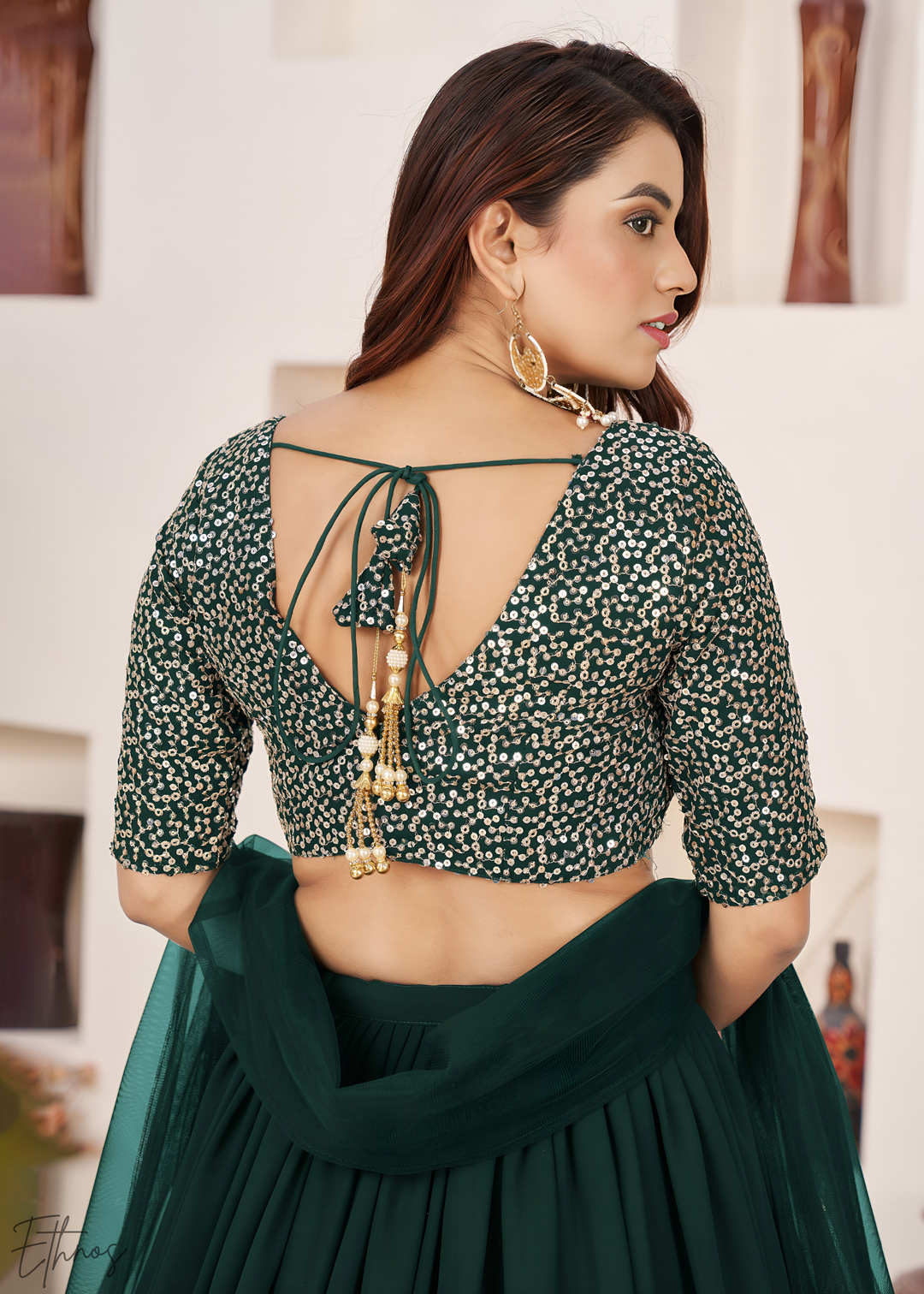Deep Green Sequins Georgette Lehenga