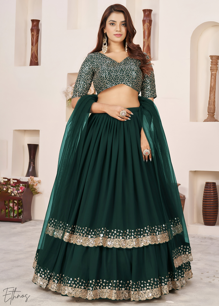 Deep Green Sequins Georgette Lehenga
