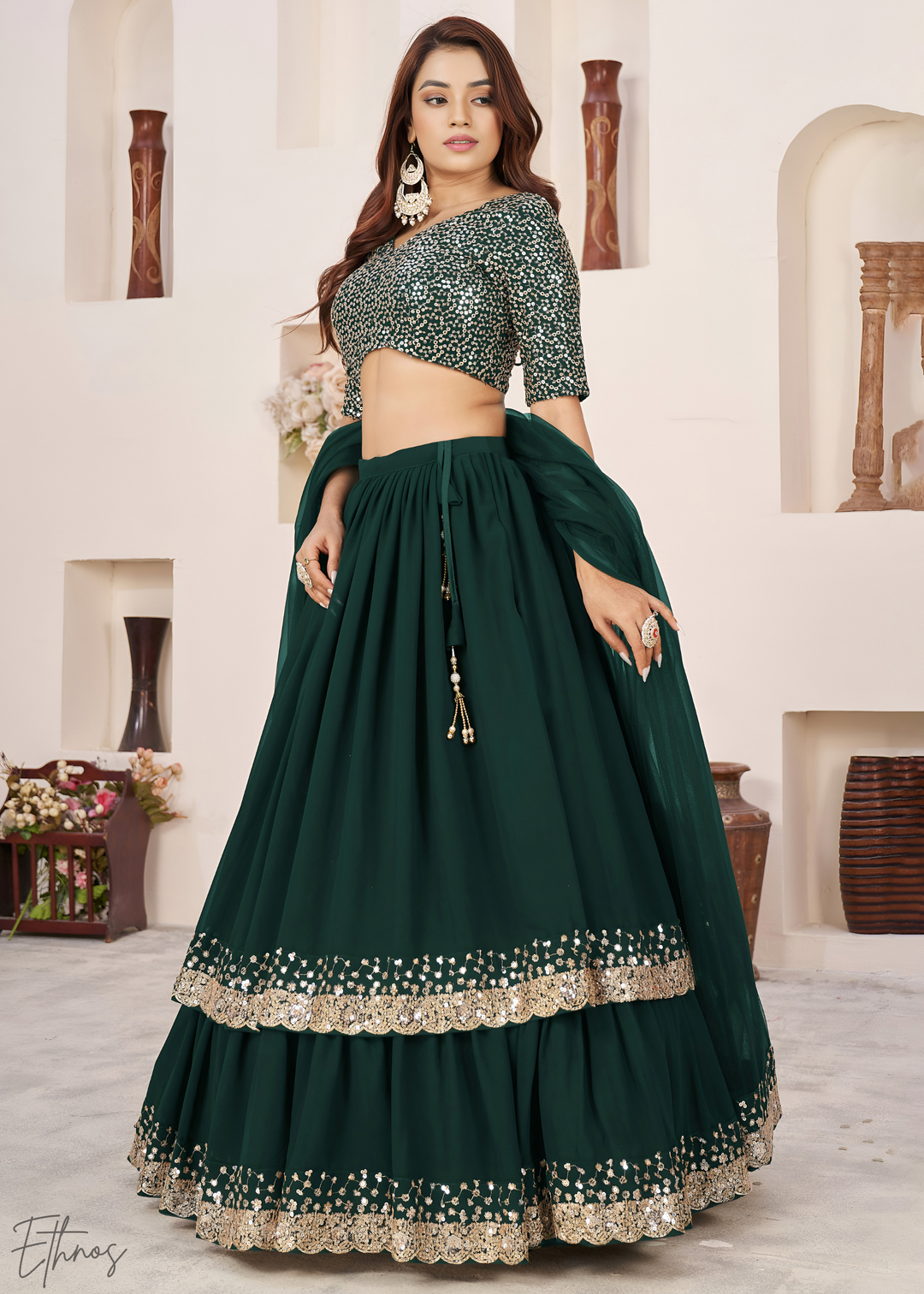 Deep Green Sequins Georgette Lehenga