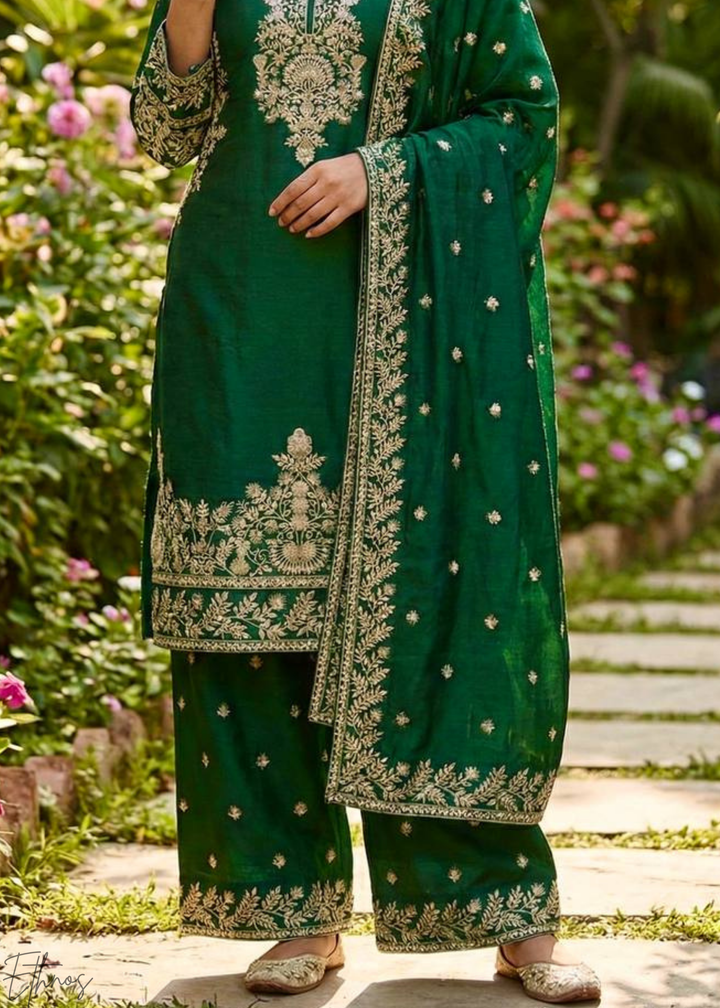 Deep Green Silk Embroidered Silk Palazzo Suit