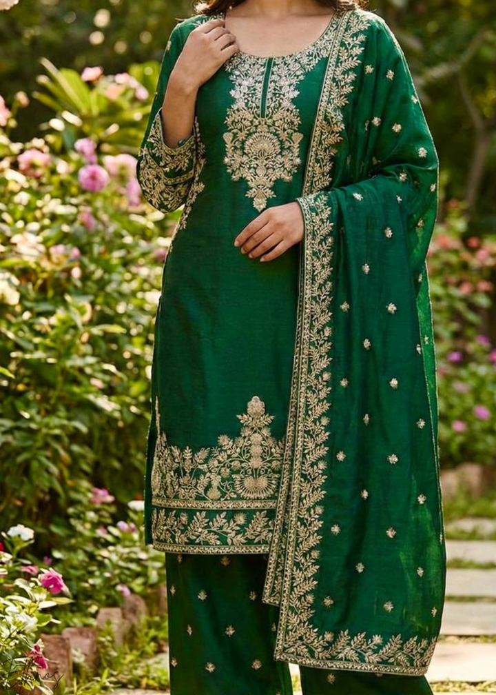 Deep Green Silk Embroidered Silk Palazzo Suit