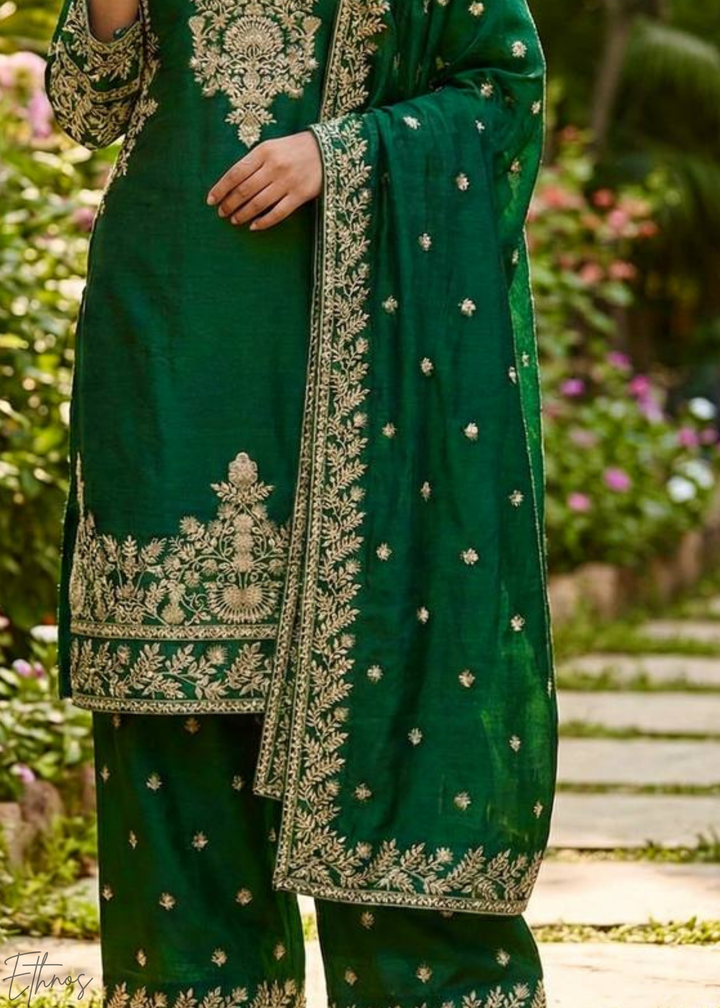Deep Green Silk Embroidered Silk Palazzo Suit