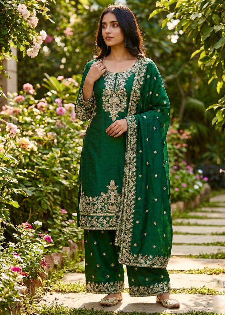 Deep Green Silk Embroidered Silk Palazzo Suit
