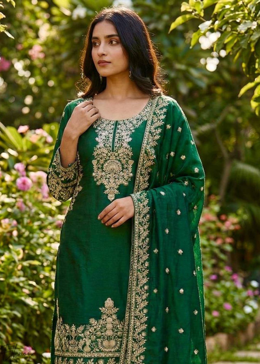 Deep Green Silk Embroidered Silk Palazzo Suit