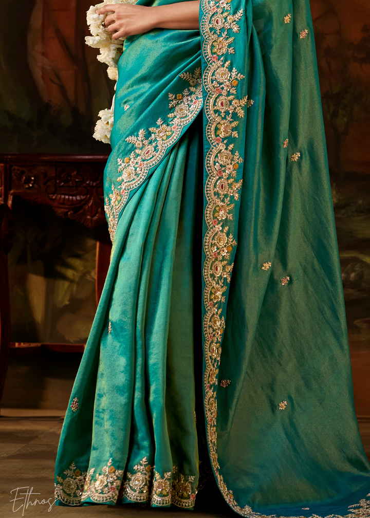 Deep Jade Tambour Embroidered Border Tissue Saree