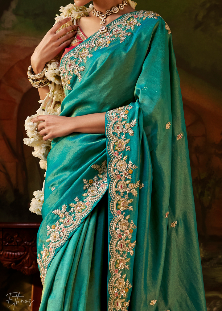 Deep Jade Tambour Embroidered Border Tissue Saree