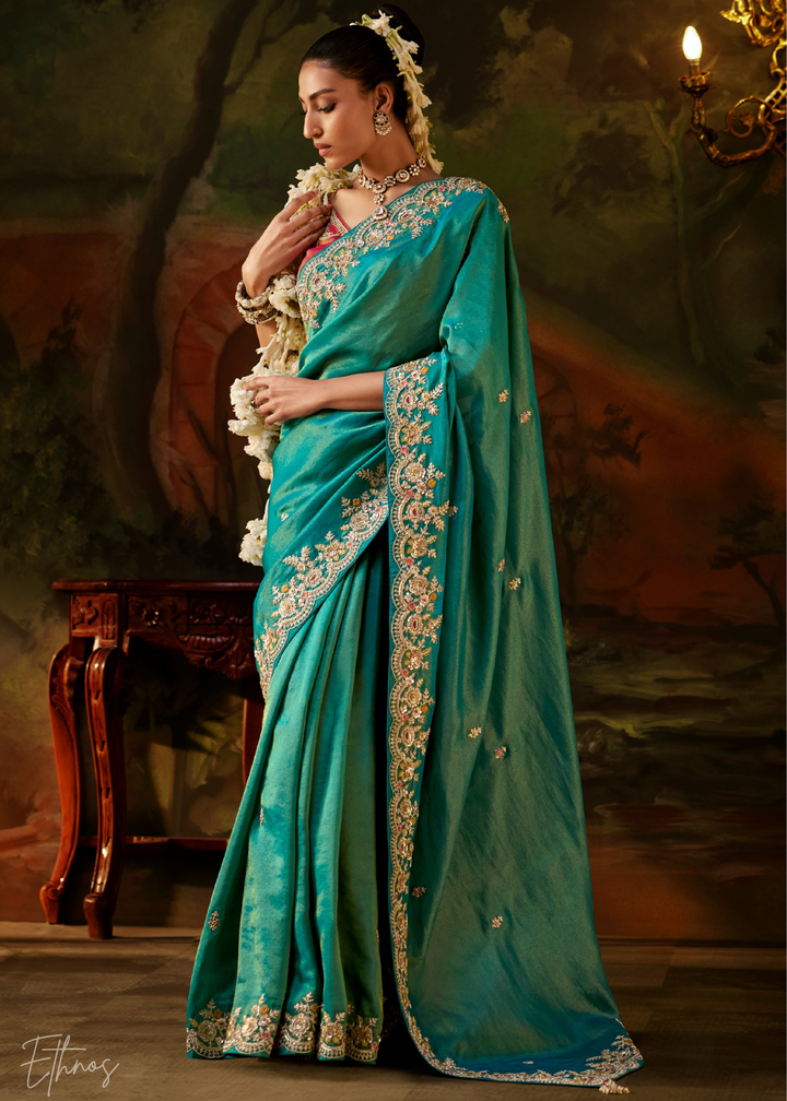 Deep Jade Tambour Embroidered Border Tissue Saree