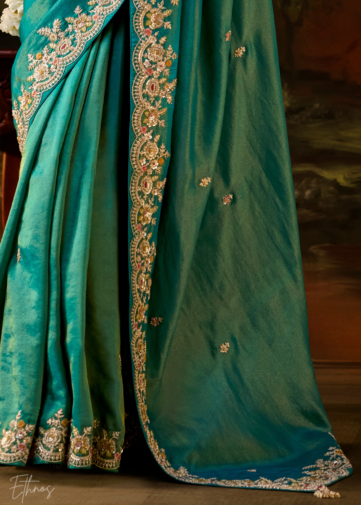 Deep Jade Tambour Embroidered Border Tissue Saree