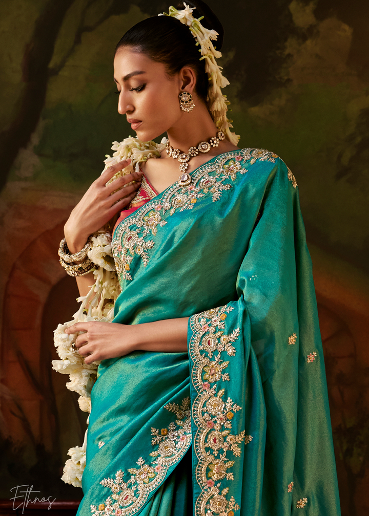 Deep Jade Tambour Embroidered Border Tissue Saree